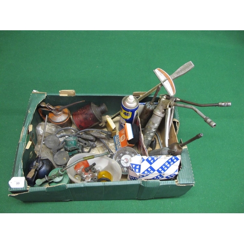 99 - Box of oil cans, grease guns, Smith rev counter, simple torque wrench, fuel pump etc