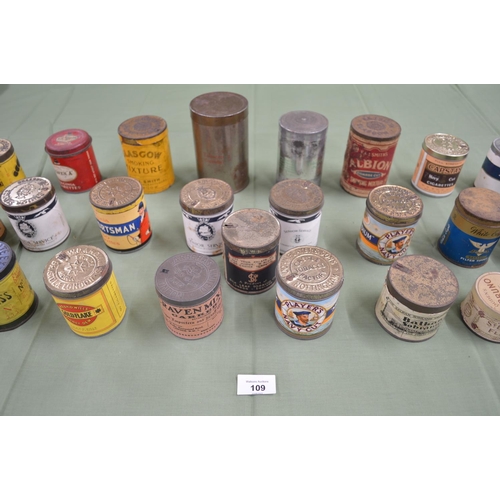 109 - Group of thirty seven cylindrical cigarette and tobacco tins, some retaining contents