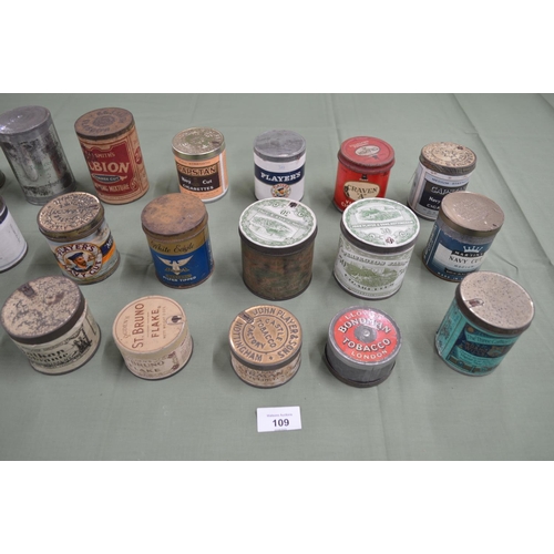 109 - Group of thirty seven cylindrical cigarette and tobacco tins, some retaining contents