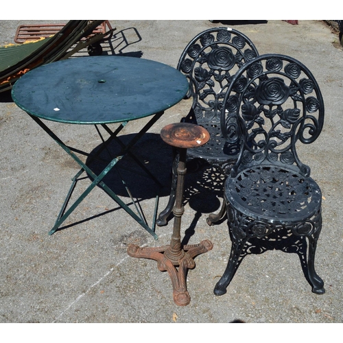 39 - Metal garden table, two chairs and a tripod table base