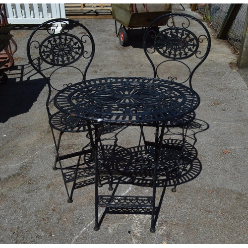 42 - Black painted patio table and two chairs