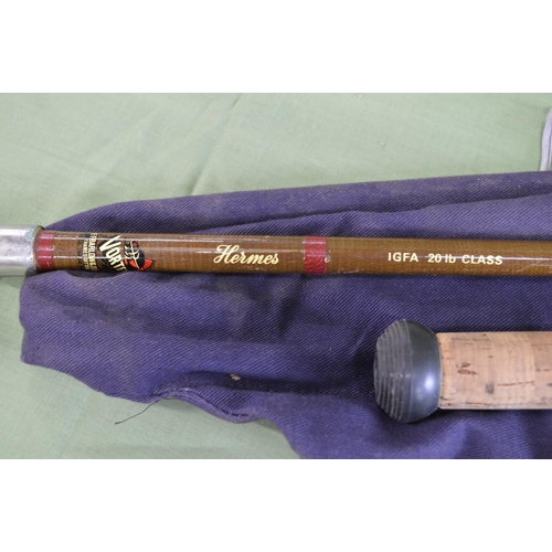 112 - ET Barlow & Sons Vortex Hermes 1GFA 20lb Class two piece fishing rod together with one other un-name... 