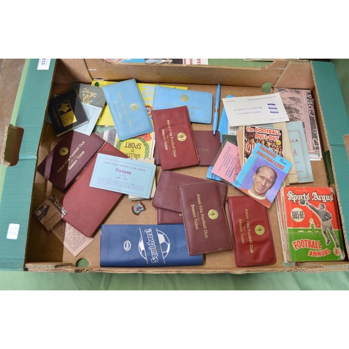 133 - Box containing a quantity of football memorabilia to include: rosettes, Aston Villa season tickets a... 