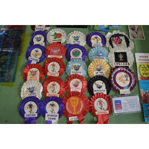 133 - Box containing a quantity of football memorabilia to include: rosettes, Aston Villa season tickets a... 