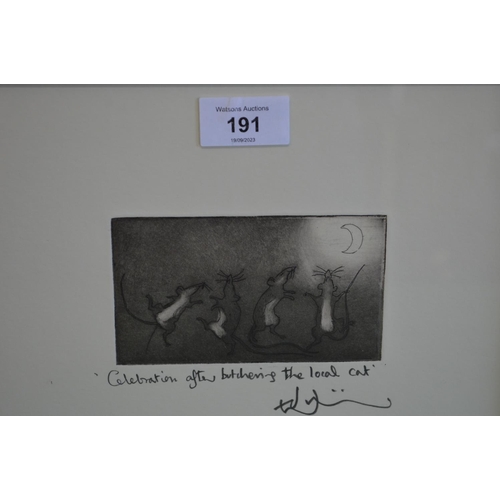 191 - Two Julian Williams black and white engravings of mice, in glazed wooden frames - 9.75