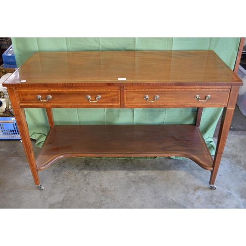 347 - Edwardian mahogany inlaid two drawer side table with lower tier - 47