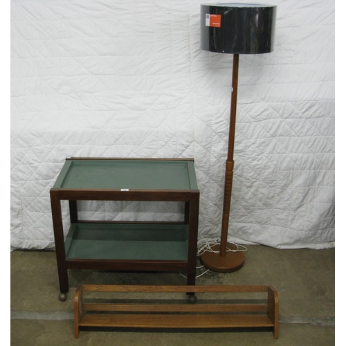 368 - Mid century serving trolley, standard lamp and wall shelf