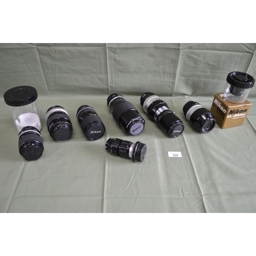 235 - Group of eight camera lenses to comprise: Nikon Zoom-Nikkor C Auto 1:3.5 F=43-86mm, Nikon Zoom-Nikko... 