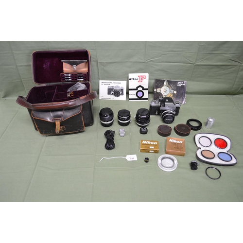 236 - Nikon F 35mm SLR camera with Nikon F Photomic Finder and four lenses to comprise: Nippon Kogaku Nikk... 