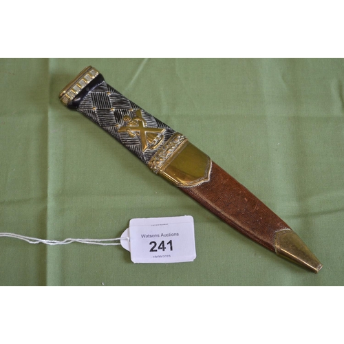 241 - Scottish Sgian Dubh with brass mounted wooden handle set with single stone and having brass mounted ... 