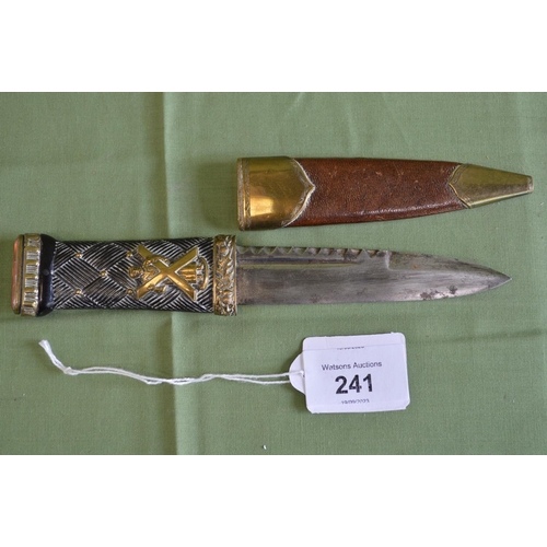 241 - Scottish Sgian Dubh with brass mounted wooden handle set with single stone and having brass mounted ... 