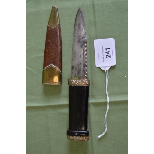 241 - Scottish Sgian Dubh with brass mounted wooden handle set with single stone and having brass mounted ... 