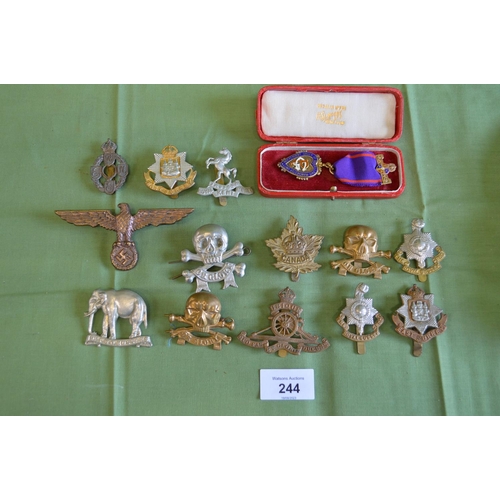 244 - Group of thirteen military cap badges together with cased silver gilt Odd Fellows jewel and certific... 