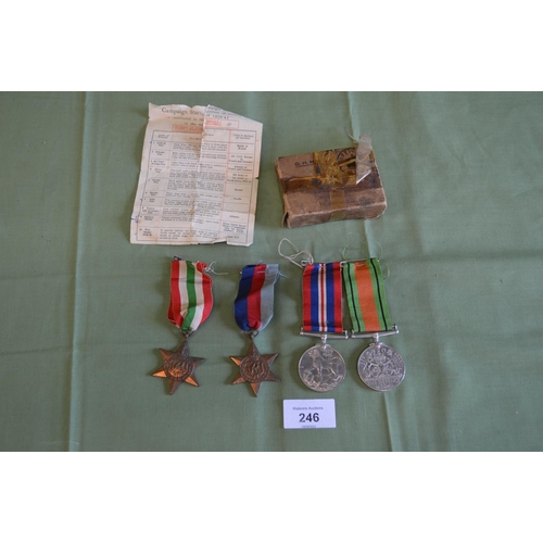 246 - Group of four WWII medals to comprise: Defence Medal, 1939-1945 War Medal, The Italy Star and the 19... 