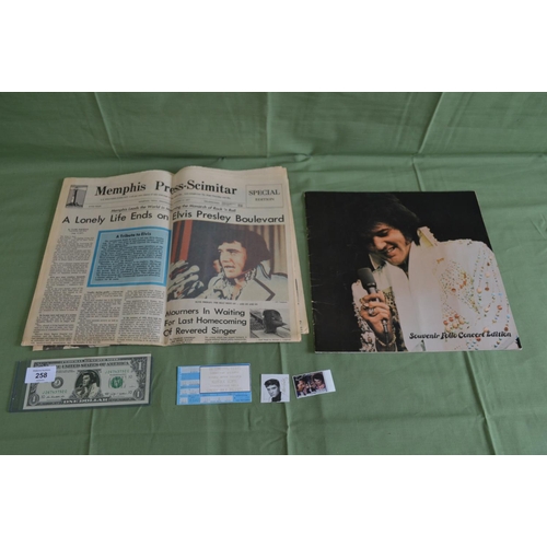 258 - Quantity of Elvis memorabilia to include: souvenir folio, stamps, concert ticket and bank note etc