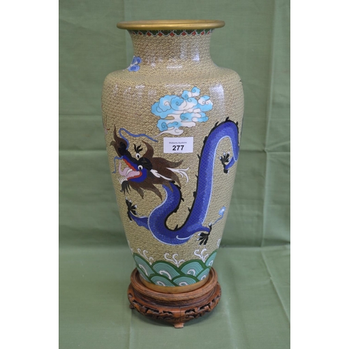 277 - Cloisonne vase decorated with five claw dragon on a circular wooden base - 17