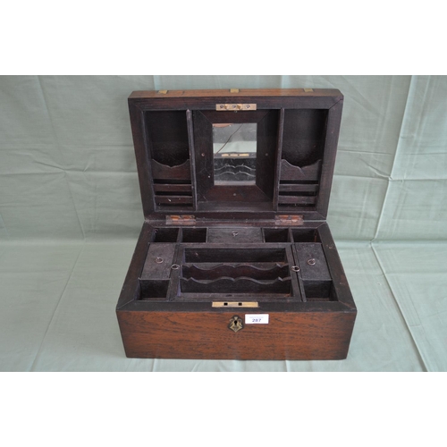 287 - Brass bound travelling box with side carrying handles (one handle missing) and fitted interior - 15.... 