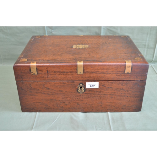 287 - Brass bound travelling box with side carrying handles (one handle missing) and fitted interior - 15.... 