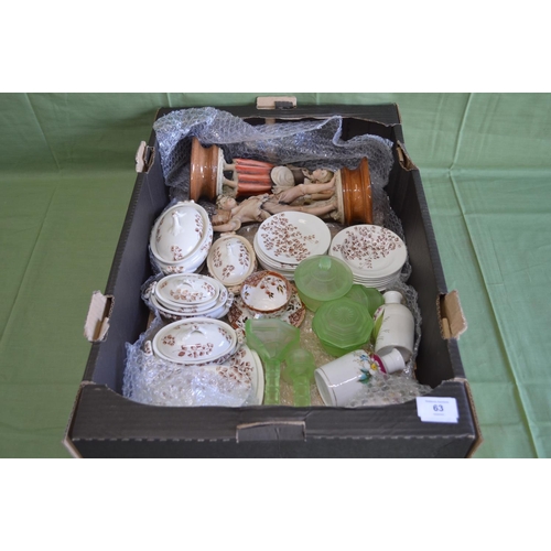 63 - Box of china and glass to include quantity of Ridgways dolls china etc