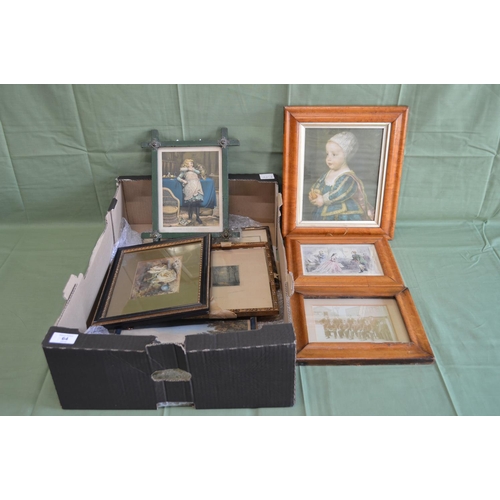 64 - Box containing a quantity of framed pictures to include two maple framed prints