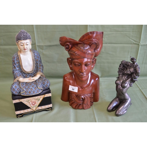 68 - Wooden carved bust of young lady and two other figures