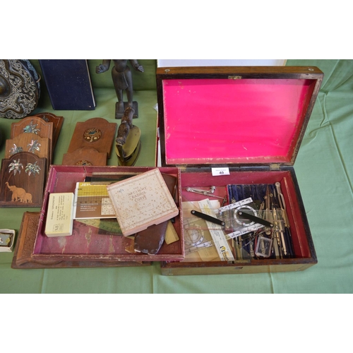 40 - Box of sundry items to include: rosewood box, bronze figure, bookends, gong and flat iron etc