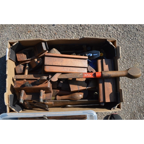 47 - Three boxes of wood working tools to include wood planes together with gun cleaning rods