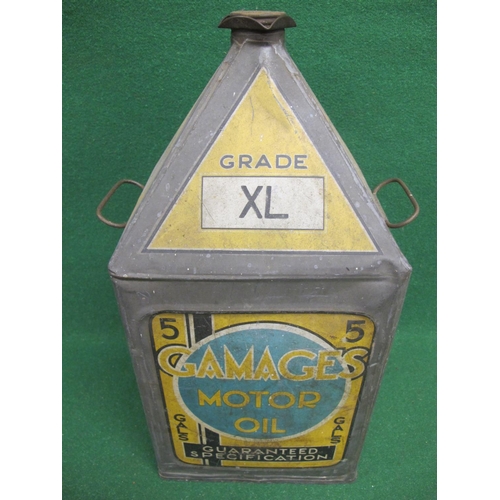 100 - Gamages five gallon pyramid Grade XL oil can with images of speedboat, Brooklands racing car and Sup... 