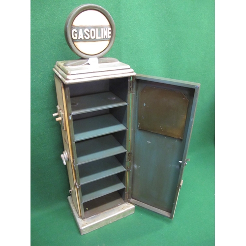 104 - Detailed wood, metal and plastic petrol pump storage cabinet with five removable shelves and distres... 