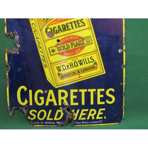 142 - Enamel sign for Wills's Cigarettes Sold Here featuring a packet of Gold Flake Honeydew.  Yellow, bla... 