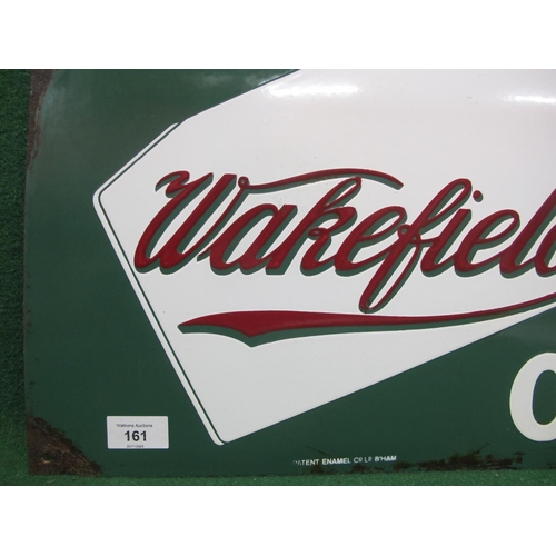 161 - Enamel advertising sign for Wakefield Motor Oil featuring a tilted can, white and red letters on a g... 