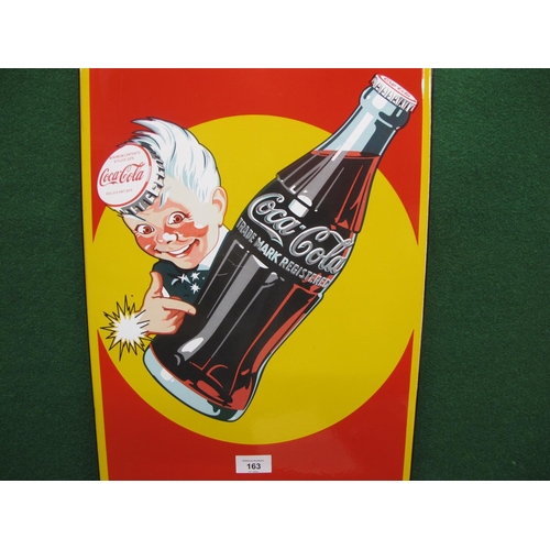 163 - Vertical enamel advertising sign for Drink Coca Cola, Sold Here, Ice Cold, featuring an excited boy ... 