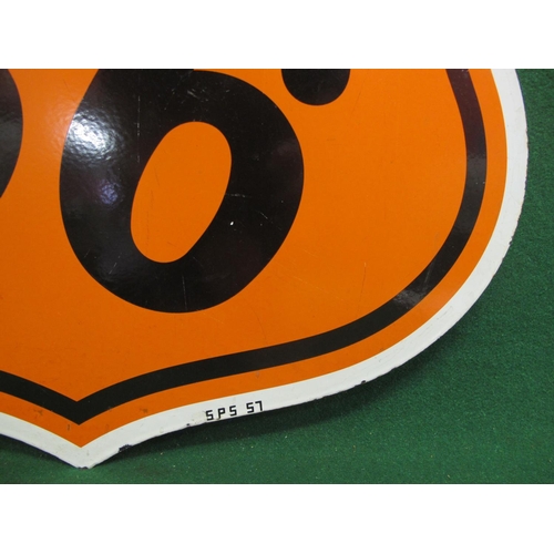 167 - Shield shaped American motor oil double sided enamel sign for Phillips 66, orange and black letters ... 