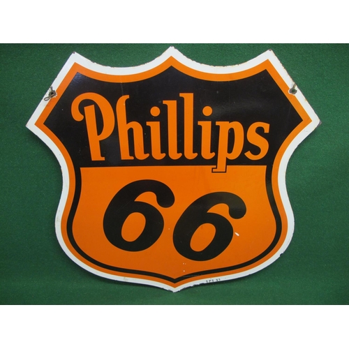 167 - Shield shaped American motor oil double sided enamel sign for Phillips 66, orange and black letters ... 