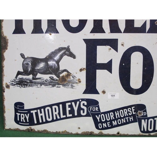 191 - Enamel sign for Thorley's Food, Try Thorley's For Your Horse One Month And Note Results, blue and wh... 