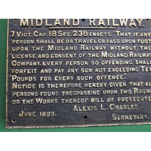 196 - Large cast iron trespass warning sign for the Midland Railway - 25.75