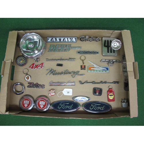 20 - Box of vehicle marque badges to include: Mustang, Supervan III, Custom Cab, Viva, Futura, Dees Of Bi... 