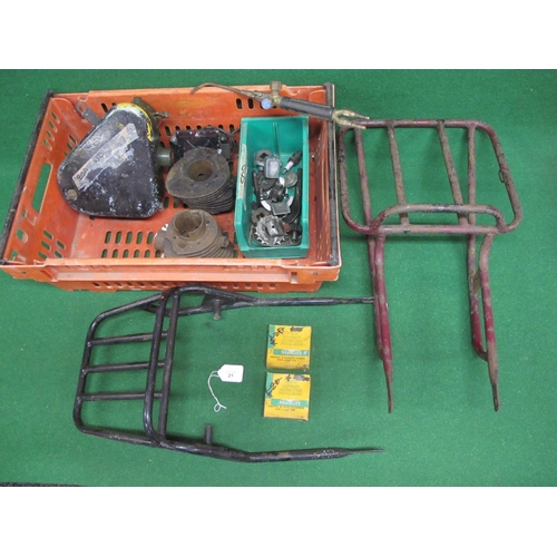 21 - Crate of second hand motorcycle parts to include: BSA B40 WD airbox, two D1 Bantam cylinders, Villie... 