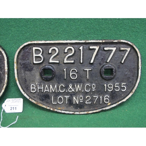 211 - Two 16 Ton Wagon plates to comprise: 1954 Met-cammell and a 1955 Birmingham Carriage & Wagon Co., bo... 