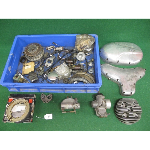 27 - Crate of second hand motorcycle parts to include: BSA A10 timing cover, B40/C15 primary case, B44 pi... 