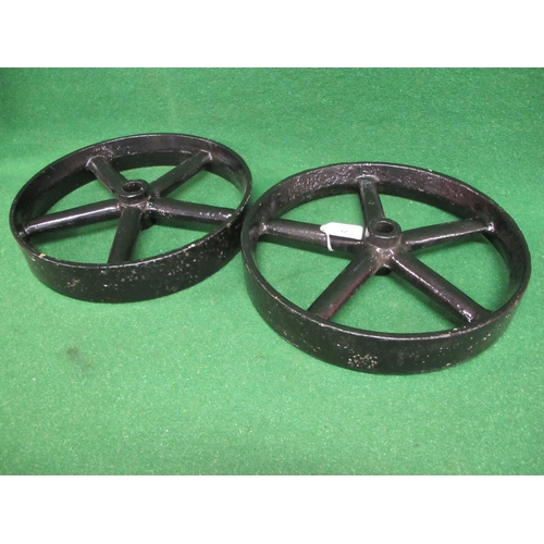 32 - Two restored heavy iron ex chicken shed spoked wheels - approx 12.5