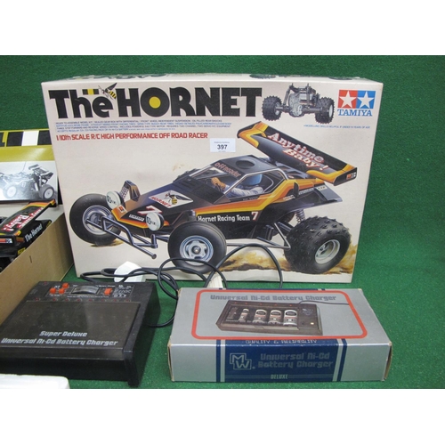 397 - Tamiya 1:10 scale radio controlled off roader race car The Hornet, built and used, with controller a... 