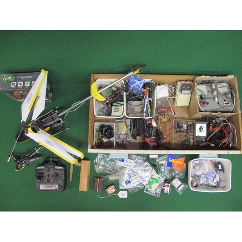 402 - Quantity of pre-used radio control items and chargers together with two helicopters and a small inte... 