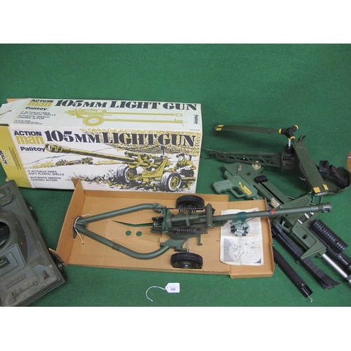 406 - Action Man 105mm Light Gun with shells and box, four wheel vehicle, helicopter (for spares) together... 