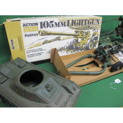 406 - Action Man 105mm Light Gun with shells and box, four wheel vehicle, helicopter (for spares) together... 