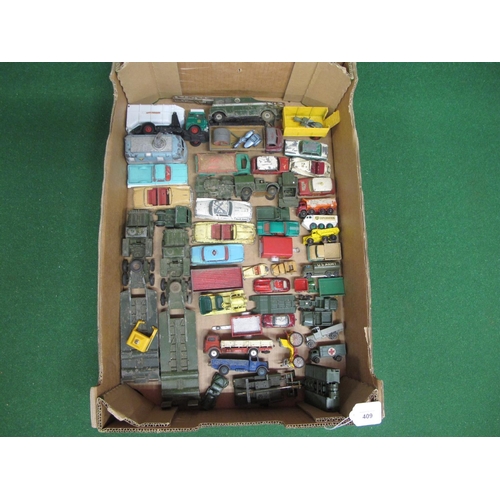 409 - Box of approx fifty playworn diecast vehicles from Corgi, Dinky, Lesney, Husky, Matchbox and Safir