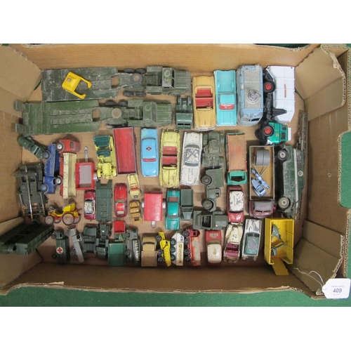 409 - Box of approx fifty playworn diecast vehicles from Corgi, Dinky, Lesney, Husky, Matchbox and Safir