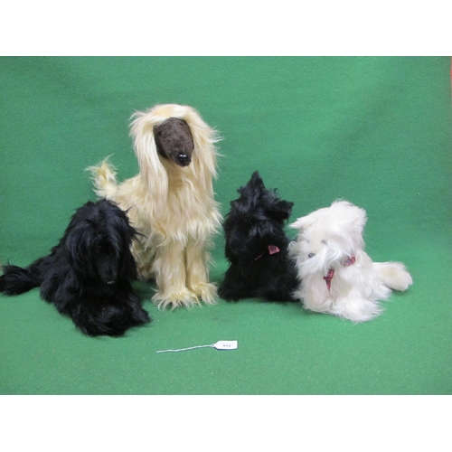 413 - Four hairy soft toy dogs purchased in the 1970's together with other animals (no identifying makers ... 