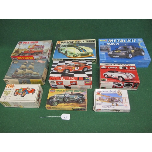 417 - Nine boxed unmade plastic and metal car, plane and ship kits from: Revell, Bandai, Airfix, Pyro and ... 