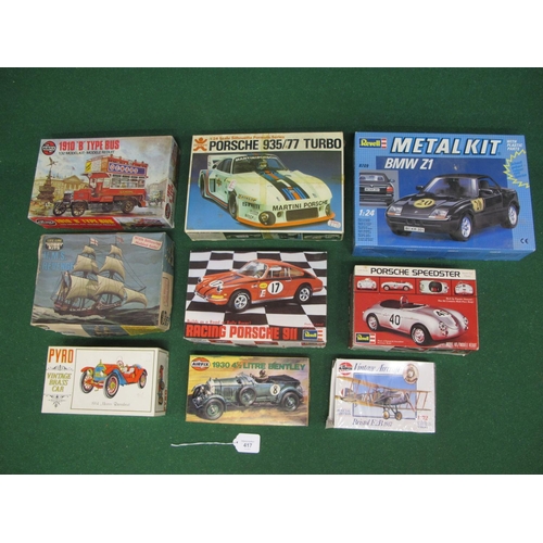 417 - Nine boxed unmade plastic and metal car, plane and ship kits from: Revell, Bandai, Airfix, Pyro and ... 